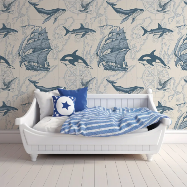 Papel de Parede Mapa Nutico com Barcos e Baleias MP