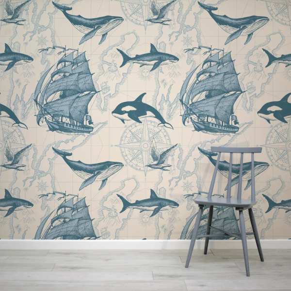 Papel de Parede Mapa Nutico com Barcos e Baleias MP