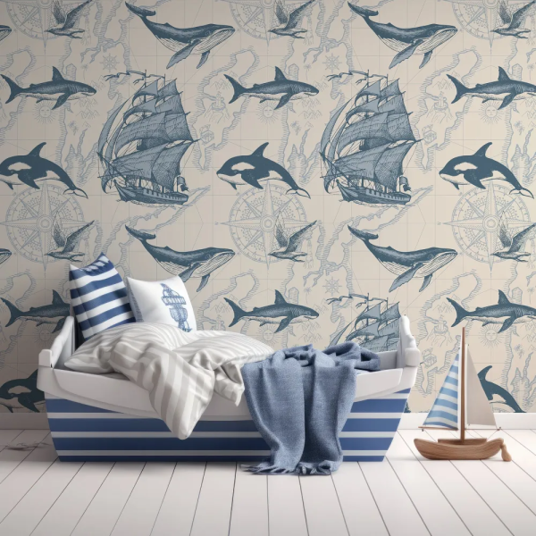 Papel de Parede Mapa Nutico com Barcos e Baleias MP