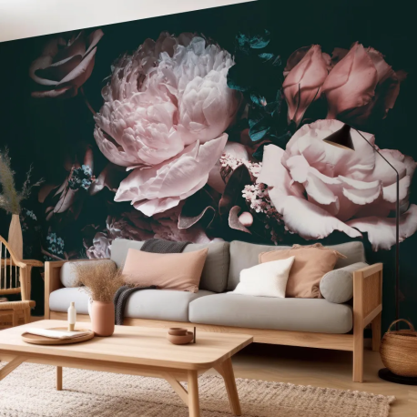 Papel de Parede Floral Escuro com Penias em Teal e Rosa MP