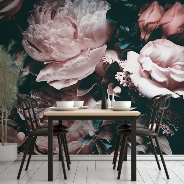 Papel de Parede Floral Escuro com Penias em Teal e Rosa MP