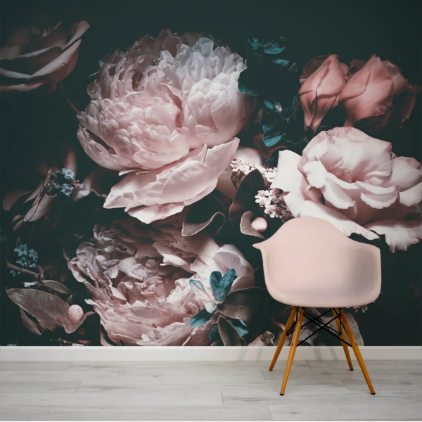 Papel de Parede Floral Escuro com Penias em Teal e Rosa MP