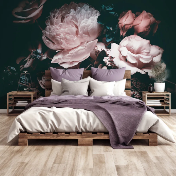 Papel de Parede Floral Escuro com Penias em Teal e Rosa MP