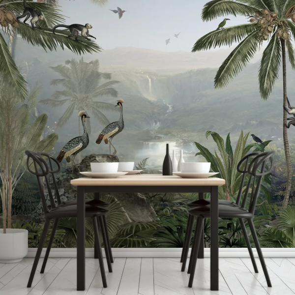 Papel de Parede Aquarela Pssaros Exticos na Selva MP
