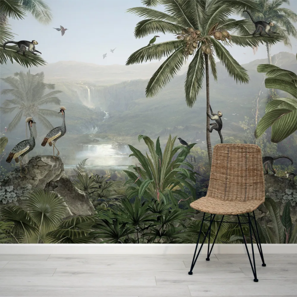 Papel de Parede Aquarela Pssaros Exticos na Selva MP