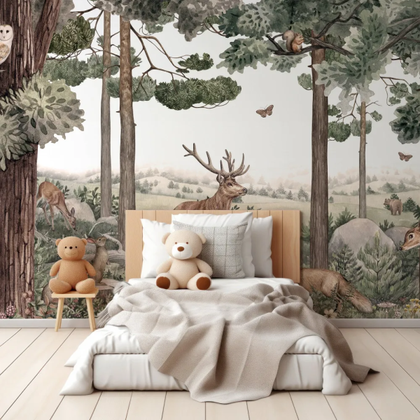 Papel de Parede Infantil Animais da Floresta Marrom MP