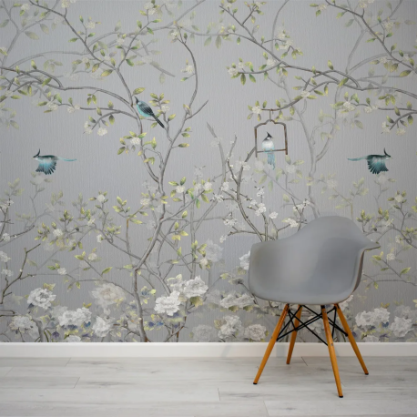 Papel de Parede Chinoiserie Cinza com Aves MP