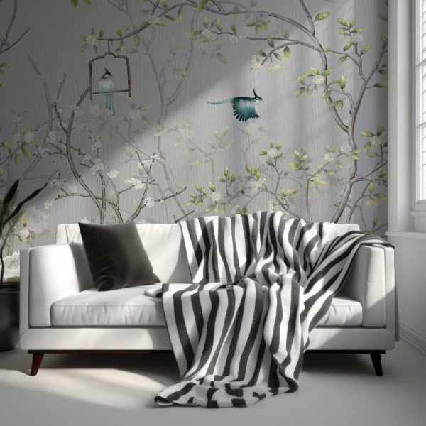 Papel de Parede Chinoiserie Cinza com Aves MP