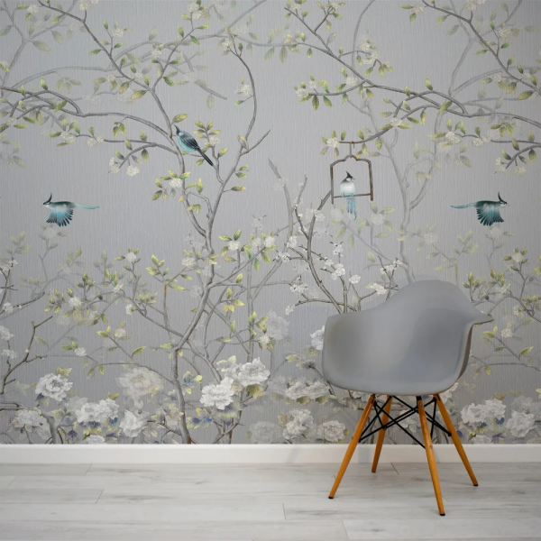 Papel de Parede Chinoiserie Cinza com Aves MP