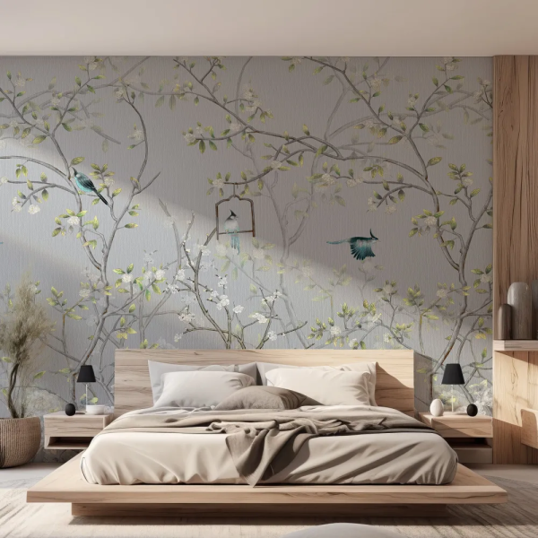 Papel de Parede Chinoiserie Cinza com Aves MP