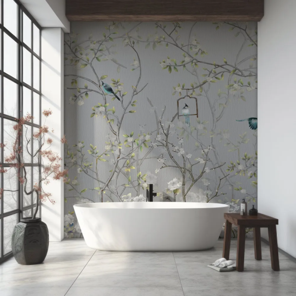 Papel de Parede Chinoiserie Cinza com Aves MP