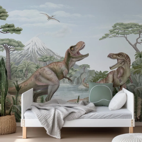 Papel de Parede Aquarela Dinossauros T-Rex e rvores MP