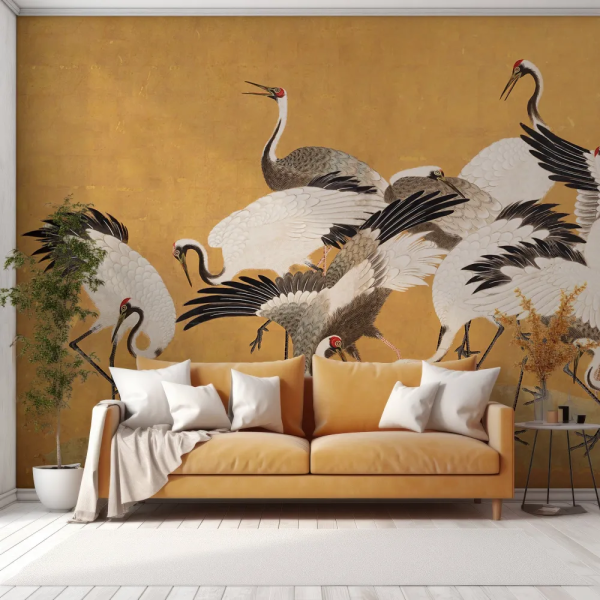 Papel de Parede Aves Grullas em Ouro MP