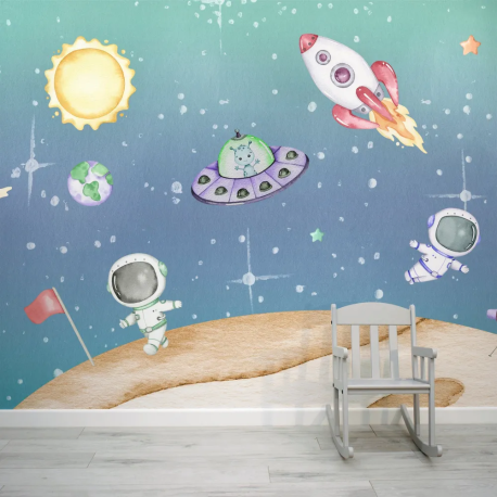 Papel de Parede Aquarela Espacial com Astronautas MP