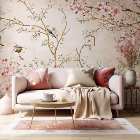 Papel de Parede Chinoiserie Ouro e Rosa com Pssaros MP