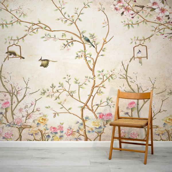 Papel de Parede Chinoiserie Ouro e Rosa com Pssaros MP