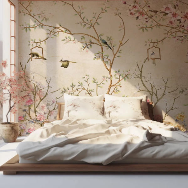 Papel de Parede Chinoiserie Ouro e Rosa com Pssaros MP