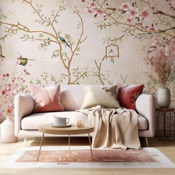 Papel de Parede Chinoiserie Ouro e Rosa com Pssaros MP