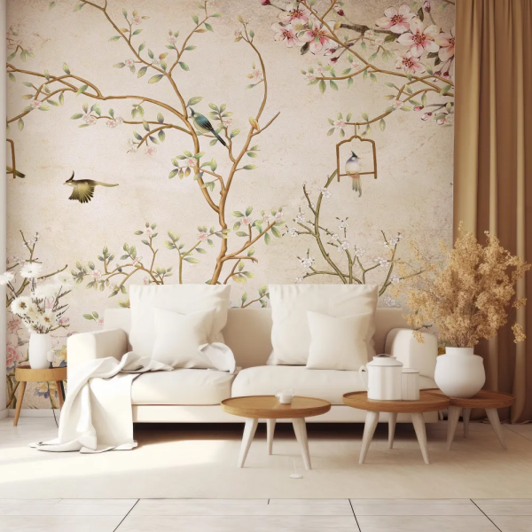 Papel de Parede Chinoiserie Ouro e Rosa com Pssaros MP