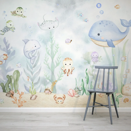 Papel de Parede Aquarela Vida Marinha Beb MP