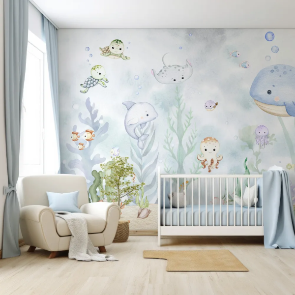 Papel de Parede Aquarela Vida Marinha Beb MP