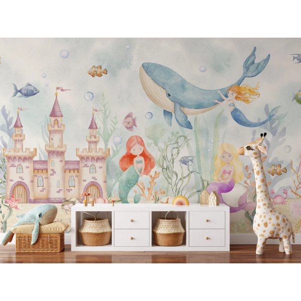 Papel de Parede Sereia Aquarela Vida Marinha MP