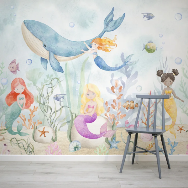 Papel de Parede Sereia Aquarela Vida Marinha MP