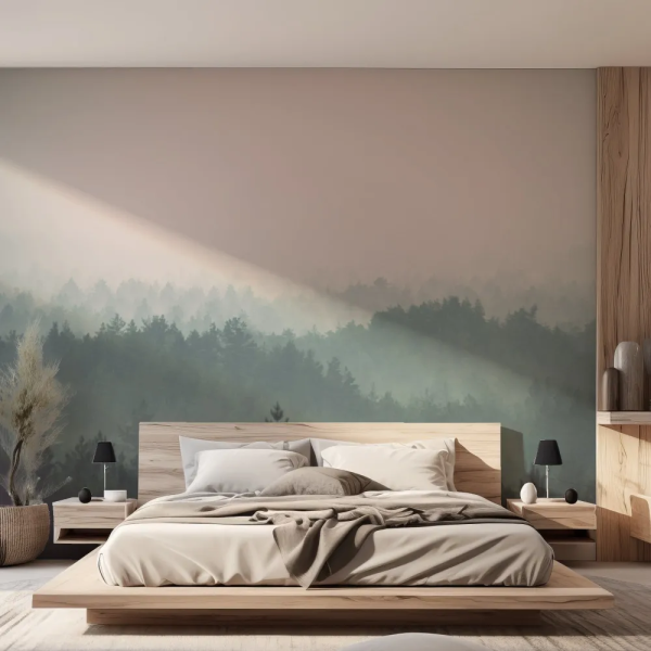Papel de Parede Floresta Nebulosa em Verde Suave MP