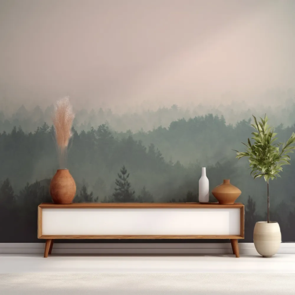 Papel de Parede Floresta Nebulosa em Verde Suave MP