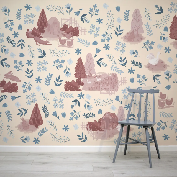 Papel de Parede Animais do Campo em Vermelho e Azul MP