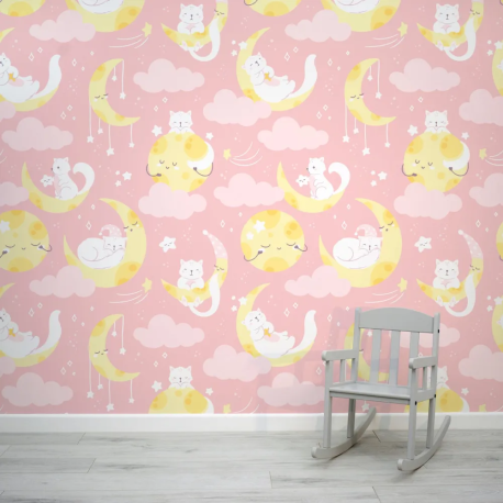 Papel de Parede Gatinhos e Lua Rosa MP