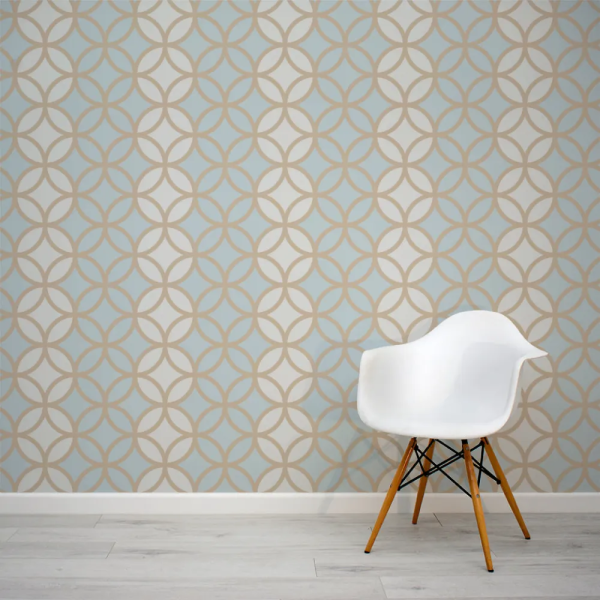 Papel de Parede Crculos Art Dco em Creme e Azul MP
