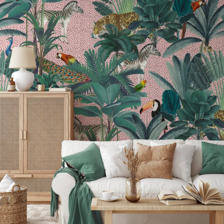 Papel de Parede Selva Tropical Rosa com Animal MP