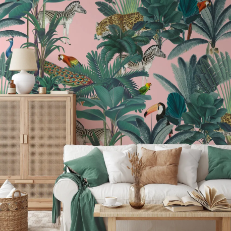 Papel de Parede Selva Tropical Rosa e Verde MP