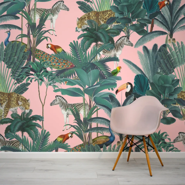 Papel de Parede Selva Tropical Rosa e Verde MP