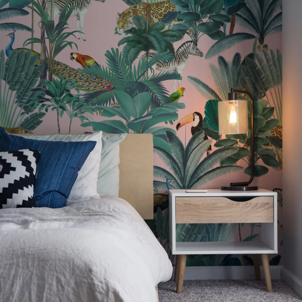 Papel de Parede Selva Tropical Rosa e Verde MP