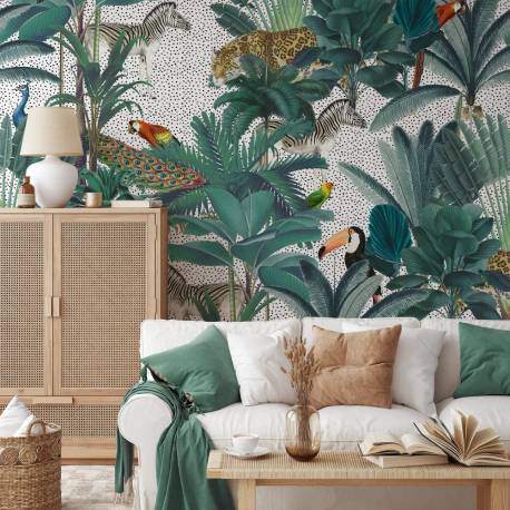 Papel de Parede Jungle Tropical Verde e Branco MP