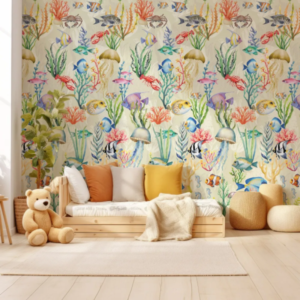 Papel de Parede Fundo do Mar Crema com Peixes MP