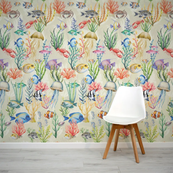 Papel de Parede Fundo do Mar Crema com Peixes MP