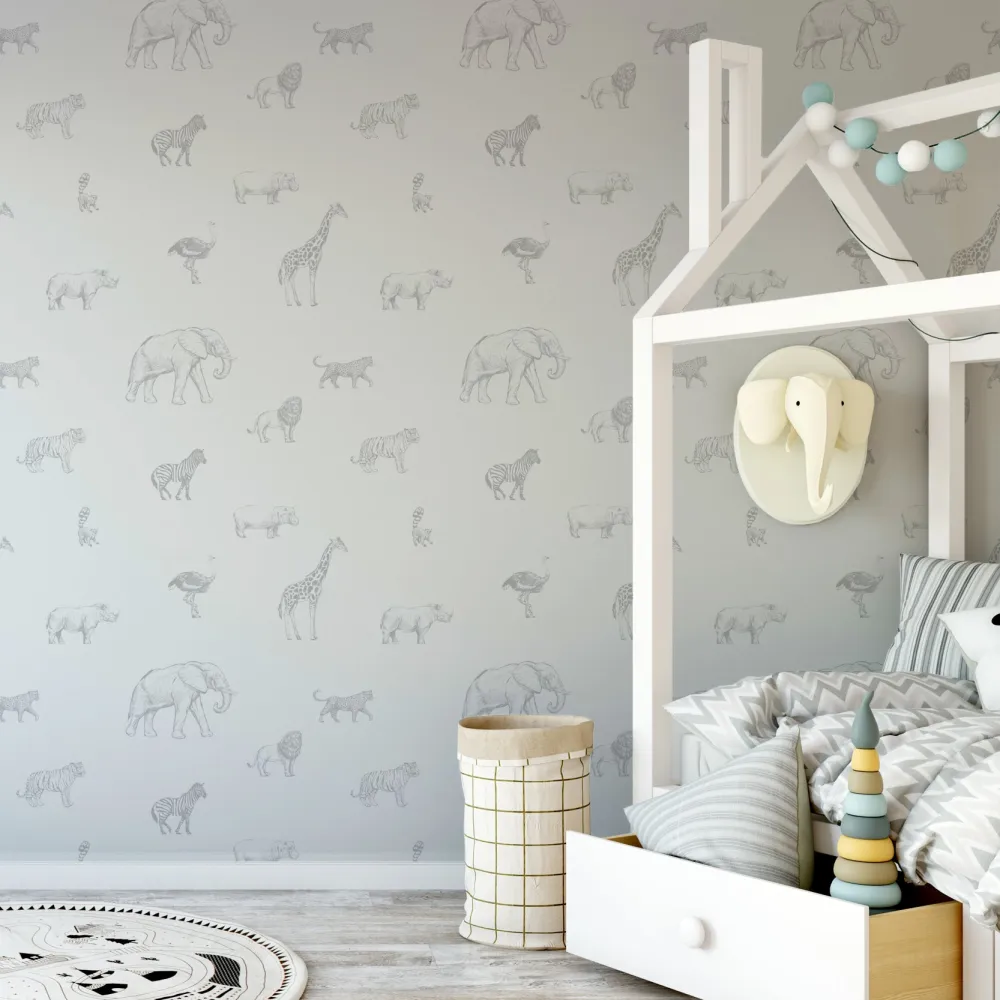 Papel de Parede Animais Safari Esbo�ados em Cinza e Branco MP