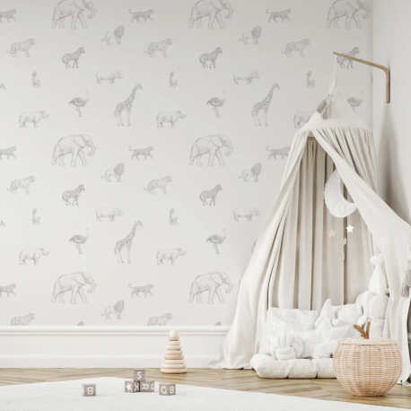 Papel de Parede Animais Safari Esboados em Cinza e Branco MP