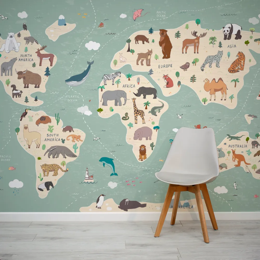 Papel de Parede Mapa Mundi Animal Colorido MP
