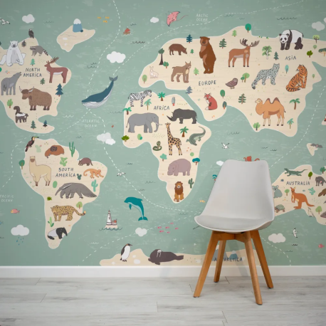 Papel de Parede Mapa Mundi Animal Colorido MP