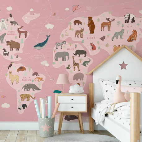 Papel de Parede Mapa Mundi Animais Rosa MP