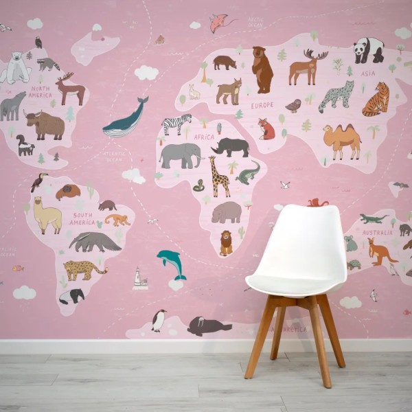 Papel de Parede Mapa Mundi Animais Rosa MP