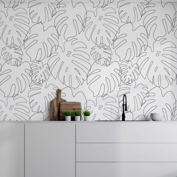 Papel de Parede Folhas de Monstera Minimalistas em Preto e Branco MP