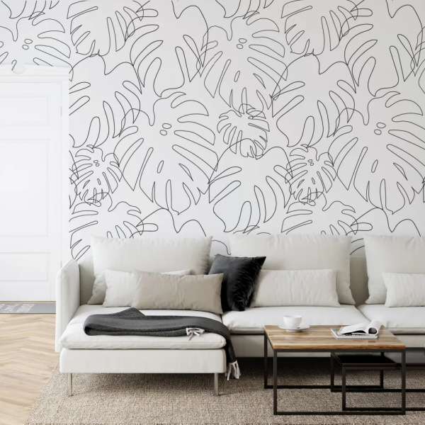 Papel de Parede Folhas de Monstera Minimalistas em Preto e Branco MP