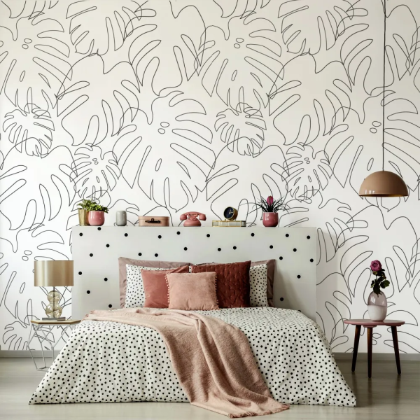 Papel de Parede Folhas de Monstera Minimalistas em Preto e Branco MP