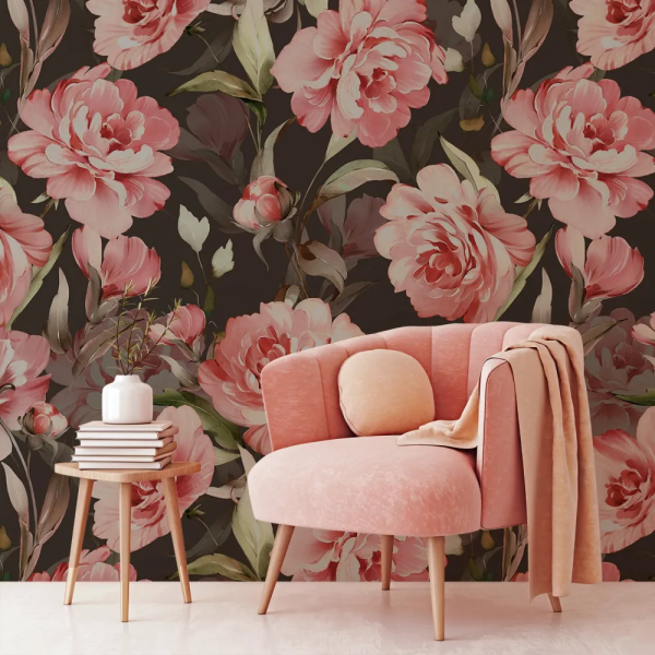 Papel de Parede Rosas Pink e Folhas Verdes MP