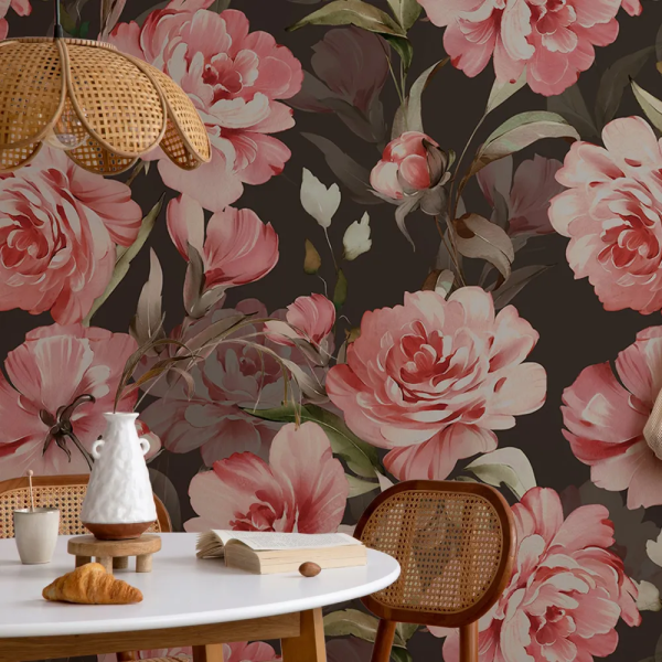 Papel de Parede Rosas Pink e Folhas Verdes MP